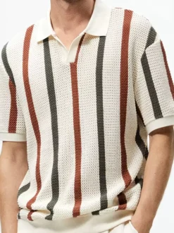 Polo Homme Tricoté Col Rabattu Manches Courtes Boutons Vintage Beige Chic