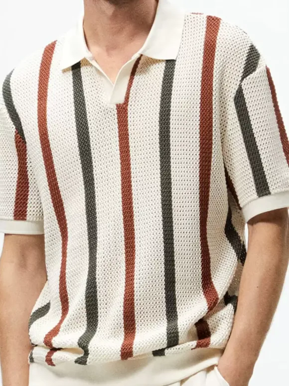 Polo Homme Tricoté Col Rabattu Manches Courtes Boutons Vintage Beige Chic