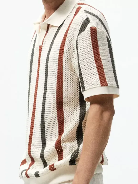 Polo Homme Tricoté Col Rabattu Manches Courtes Boutons Vintage Beige Chic