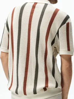 Polo Homme Tricoté Col Rabattu Manches Courtes Boutons Vintage Beige Chic
