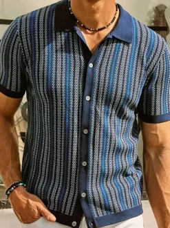 Polo T-Shirt À Revers Homme Rayé Manches Courtes Simple Boutonnage Décontracté