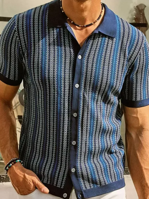 Polo T-Shirt À Revers Homme Rayé Manches Courtes Simple Boutonnage Décontracté