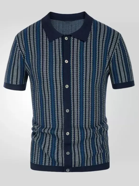 Polo T-Shirt À Revers Homme Rayé Manches Courtes Simple Boutonnage Décontracté