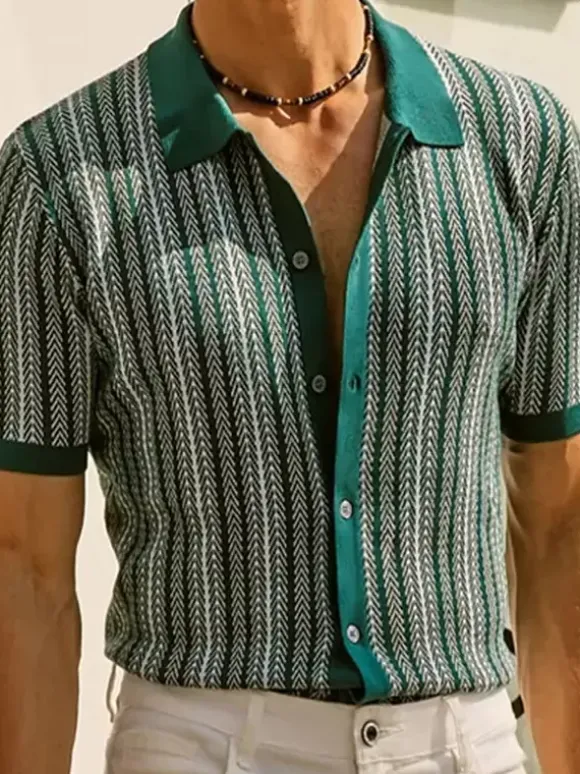 Polo T-Shirt À Revers Homme Rayé Manches Courtes Simple Boutonnage Décontracté