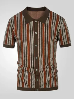 Polo T-Shirt À Revers Homme Rayé Manches Courtes Simple Boutonnage Décontracté