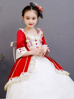 Polyester Fibre Tea Party Dentelle Manches 3/4 Polyester Combinaison ROCOCO Style Rouge Enfants  'Lolita Robes