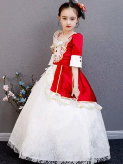 Polyester Fibre Tea Party Dentelle Manches 3/4 Polyester Combinaison ROCOCO Style Rouge Enfants  'Lolita Robes