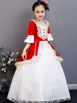 Polyester Fibre Tea Party Dentelle Manches 3/4 Polyester Combinaison ROCOCO Style Rouge Enfants  'Lolita Robes