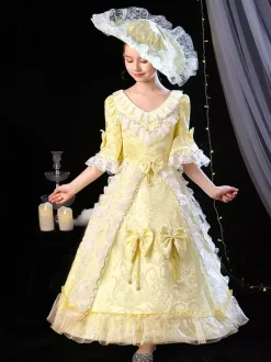 Polyester Fiber Tea Party Bows Manches 3/4 Polyester Combinaison ROCOCO Style Blond Kids  'Lolita Robes