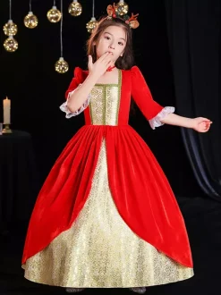 Polyester Fiber Tea Party Dentelle Manches 3/4 Polyester Robe Gothique Rouge Enfants  'Lolita Robes