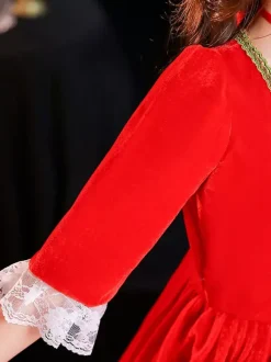 Polyester Fiber Tea Party Dentelle Manches 3/4 Polyester Robe Gothique Rouge Enfants  'Lolita Robes