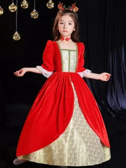Polyester Fiber Tea Party Dentelle Manches 3/4 Polyester Robe Gothique Rouge Enfants  'Lolita Robes