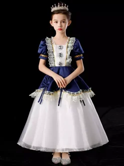 Polyester Fibre Tea Dentelle Dentelle 3/4 Longueur Manches Robe en polyester Robes Lolita Blue Gothic Blue Kids