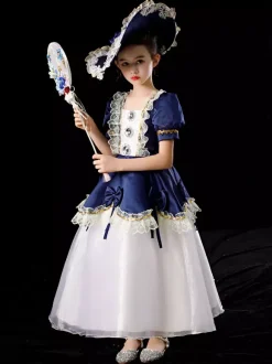 Polyester Fibre Tea Dentelle Dentelle 3/4 Longueur Manches Robe en polyester Robes Lolita Blue Gothic Blue Kids