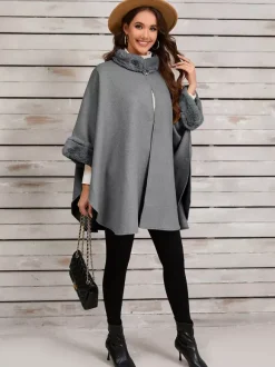 Poncho à col montant femme cape asymétrique kaki en fausse fourrure