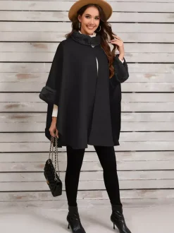 Poncho à col montant femme cape asymétrique kaki en fausse fourrure
