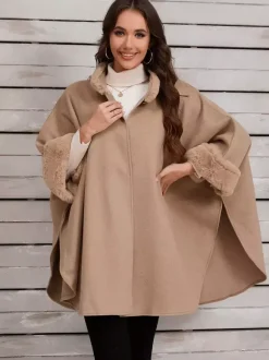 Poncho à col montant femme cape asymétrique kaki en fausse fourrure
