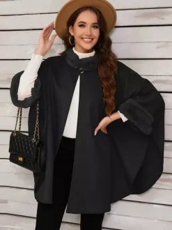 Poncho à col montant femme cape asymétrique kaki en fausse fourrure