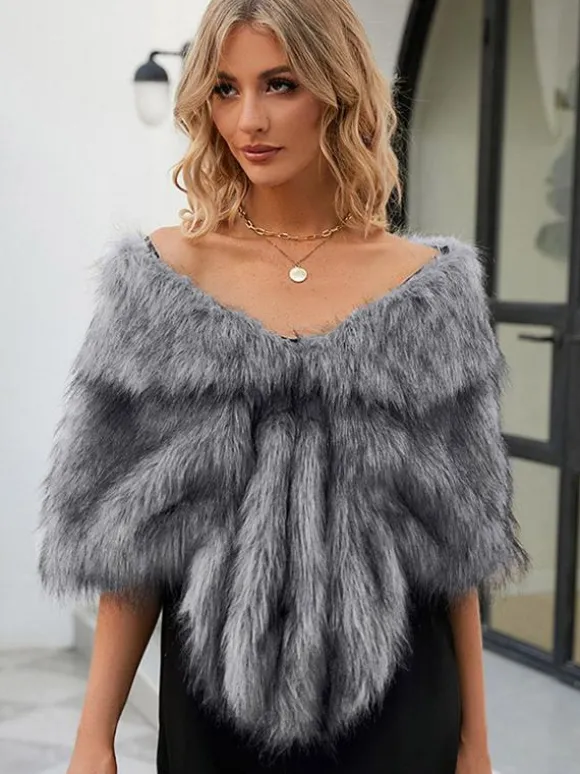 Poncho Femme Col Bateau Cape Fausse Fourrure Kaki