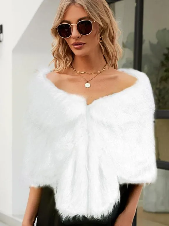 Poncho Femme Col Bateau Cape Fausse Fourrure Kaki