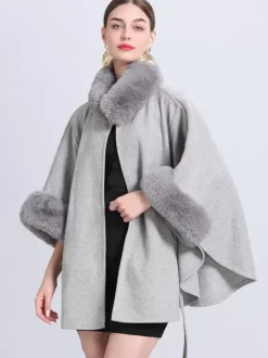 Poncho Femme Col Montant Cape Oversize Fausse Fourrure Gris Clair