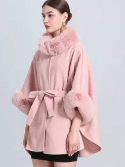 Poncho Femme Col Montant Cape Oversize Fausse Fourrure Gris Clair