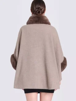 Poncho Femme Col Montant Cape Oversize Fausse Fourrure Gris Clair