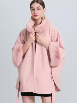 Poncho Femme Col Montant Cape Oversize Fausse Fourrure Gris Clair