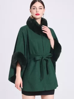 Poncho Femme Col Montant Cape Oversize Fausse Fourrure Gris Clair