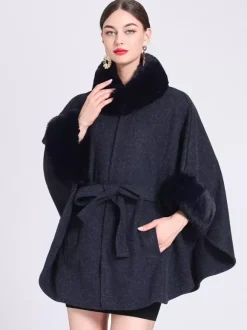 Poncho Femme Col Montant Cape Oversize Fausse Fourrure Gris Clair