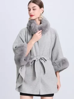 Poncho Femme Col Montant Cape Oversize Fausse Fourrure Gris Clair