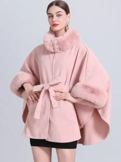 Poncho Femme Col Montant Cape Oversize Fausse Fourrure Gris Clair