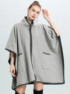Poncho Femme Manteau Bicolore Col Montant Beige Chaud Cape