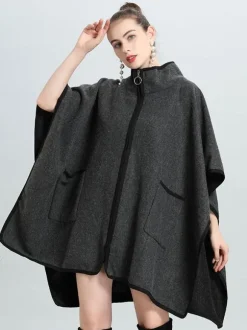 Poncho Femme Manteau Bicolore Col Montant Beige Chaud Cape