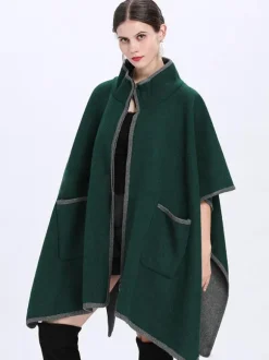 Poncho Femme Manteau Bicolore Col Montant Beige Chaud Cape