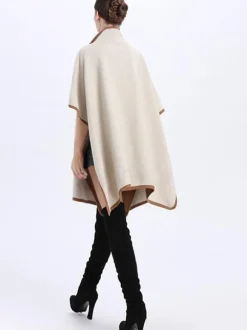 Poncho Femme Manteau Bicolore Col Montant Beige Chaud Cape