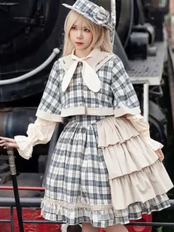Poncho Lolita classique Infanta en coton bleu ciel clair avec n艙uds et carreaux vêtements d'extérieur Lolita d'automne