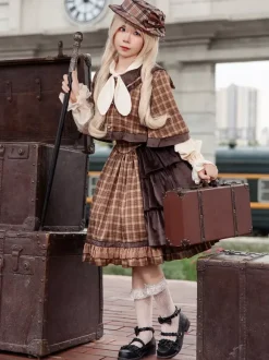 Poncho Lolita classique Infanta en coton bleu ciel clair avec n艙uds et carreaux vêtements d'extérieur Lolita d'automne