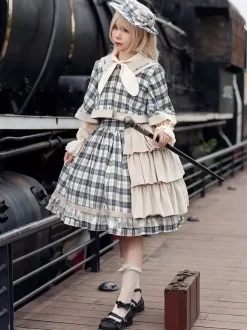 Poncho Lolita classique Infanta en coton bleu ciel clair avec n艙uds et carreaux vêtements d'extérieur Lolita d'automne