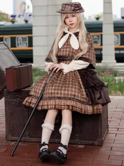 Poncho Lolita classique Infanta en coton bleu ciel clair avec n艙uds et carreaux vêtements d'extérieur Lolita d'automne