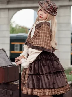 Poncho Lolita classique Infanta en coton bleu ciel clair avec n艙uds et carreaux vêtements d'extérieur Lolita d'automne