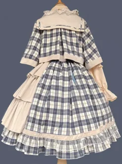Poncho Lolita classique Infanta en coton bleu ciel clair avec n艙uds et carreaux vêtements d'extérieur Lolita d'automne