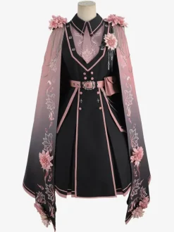 Poncho Lolita militaire Chaînes en polyester noir Brodé imprimé floral Vêtements d'extérieur Lolita