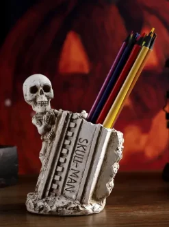 Porte-stylo en résine en forme de tête de mort pour Halloween