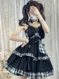 Pré-vente Style idole Lolita JSK à carreaux sans manches volants à lacets lolita jupe