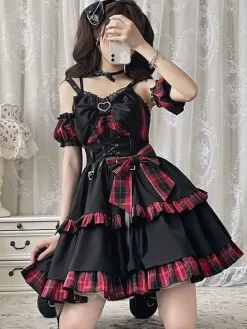 Pré-vente Style idole Lolita JSK à carreaux sans manches volants à lacets lolita jupe
