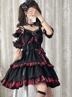 Pré-vente Style idole Lolita JSK à carreaux sans manches volants à lacets lolita jupe