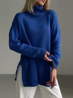 Pull col roulé oversize avec fentes latérales pour femme 2026