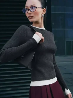 Pull en tricot côtelé à manches longues avec bords contrastés Hauts basiques décontractés pour femmes printemps 2026