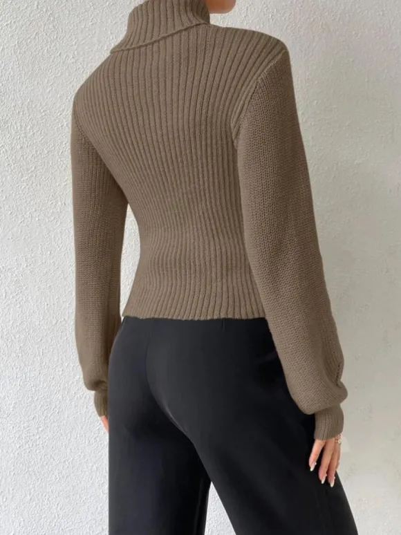 Pull Femme Kaki Col Rabattu Manches Longues Chandail En Polyester Extensible